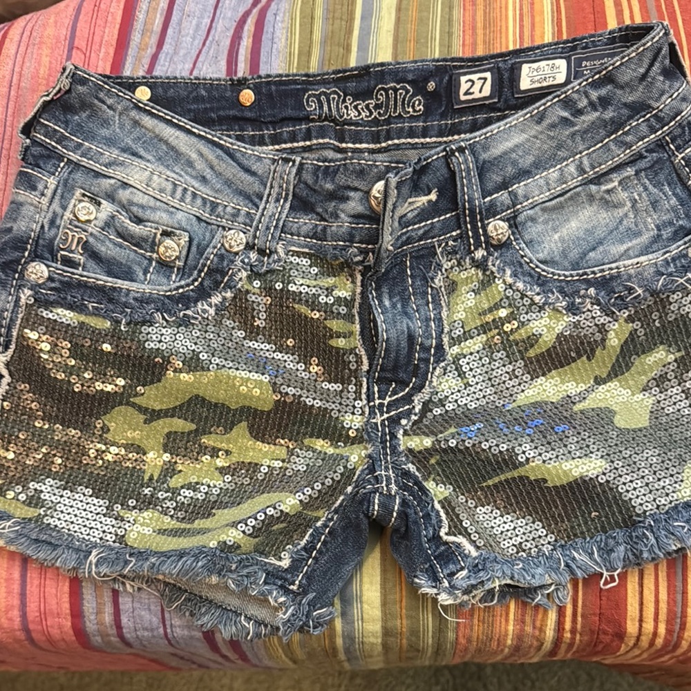 Miss Me Blue and Green Jean Shorts Distressed Camo Style